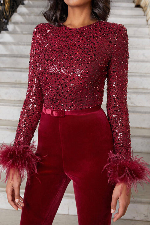 Moxidress Feather-paneled Long Sleeves Bell Bottoms Sequin Jumpsuit