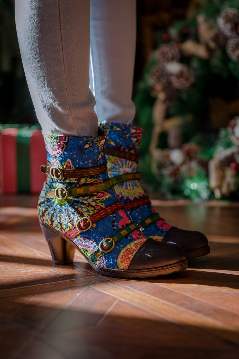 Soffia | Mandala Blue Firework Strap Accent Leather Boot