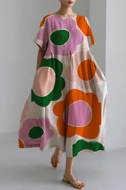Printed Short Sleeves Pocketed A-line Midi Dress