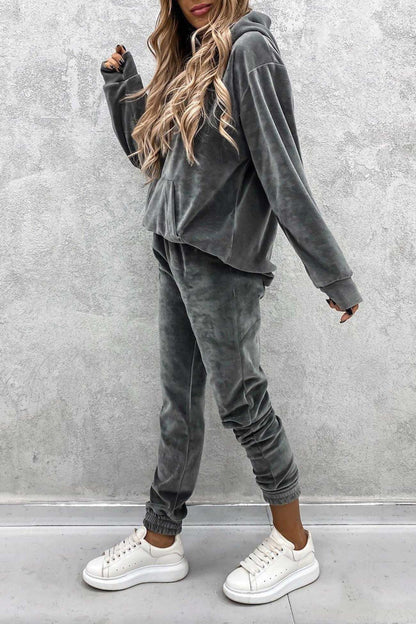 Velour Color Hoodie Long Pants Set