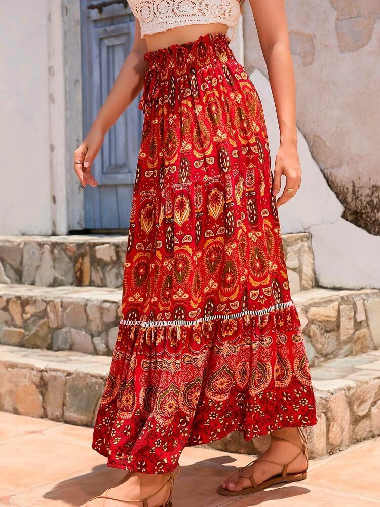Shirred High Waist Skirt in Red