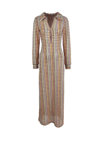 Collared V Neck Split Wavy Striped Crochet Beach Vacation Maxi Dress - Brown