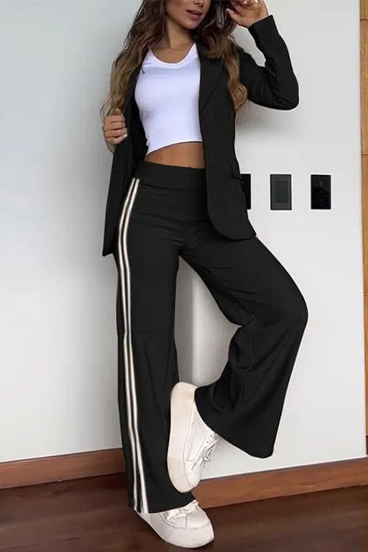 Color Block Open Front Blazer Elastic Waist Slit Wide Leg Pants Set