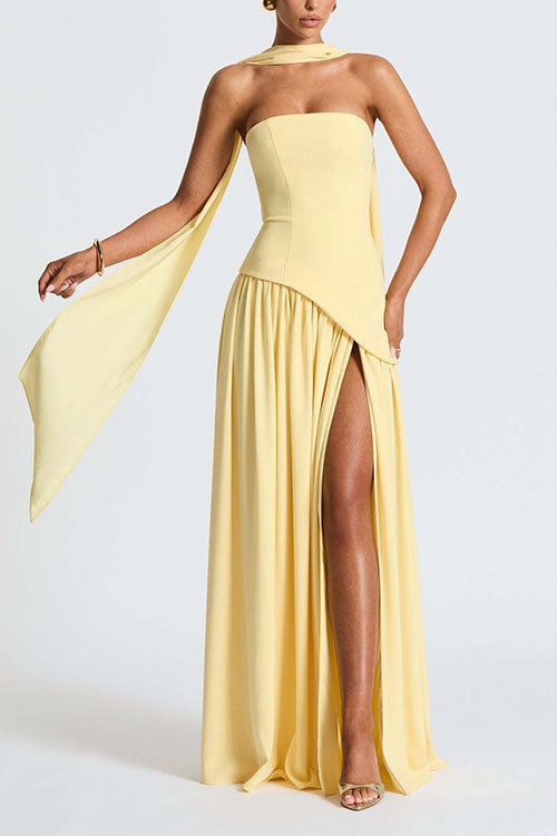 Moxidress Strapless Back Lace-up High Slit Splice Maxi Dress