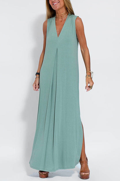 Sleeveless V Neck Side Split Maxi Dress