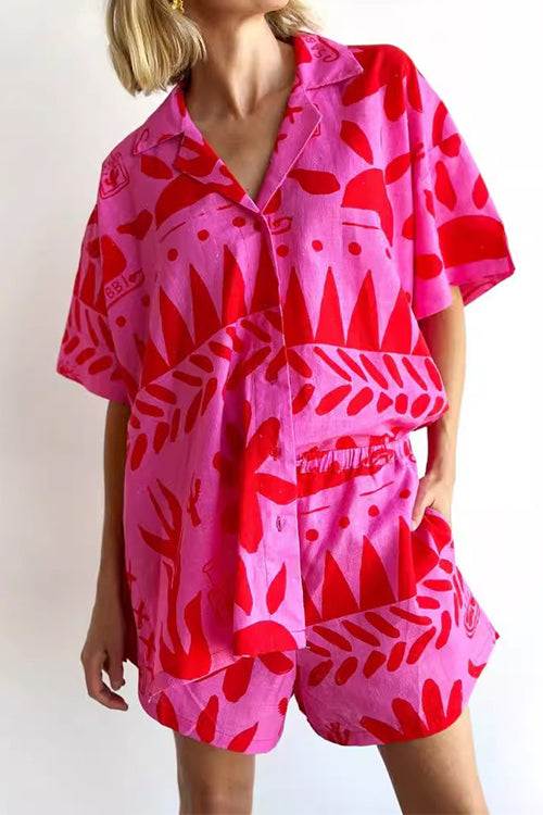Side Split Button Down Shirt Elastic Waist Shorts Printed Summer Set