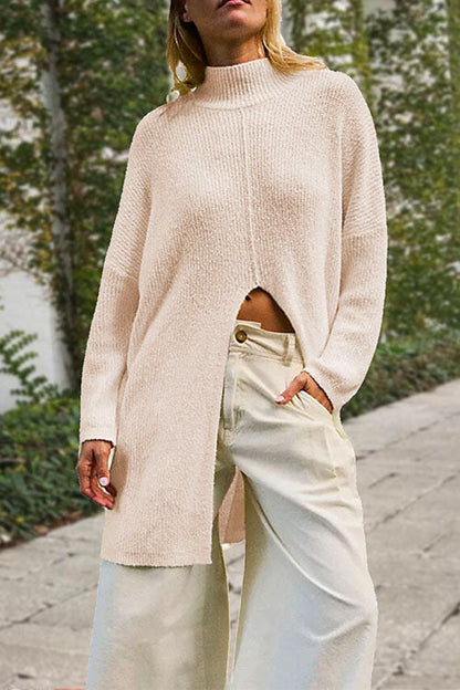 Mockneck Drop Shoulder Slit Front Loose Sweater