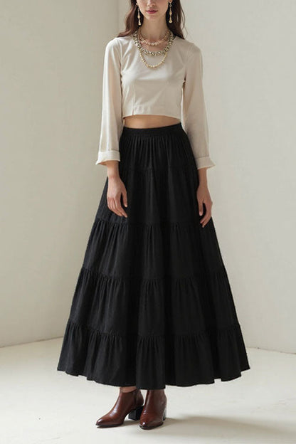 Smocked Elastic Waist Ruffle Tiered Maxi Skirt