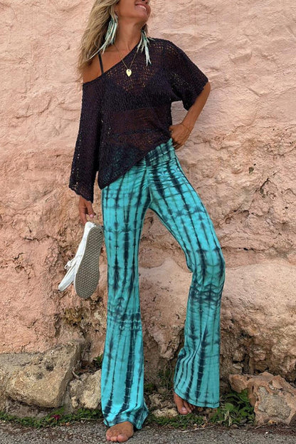 Fashionable Tie Dye Printed Pleated Lace Up Waist Elastic Street Bell Bottom Pants