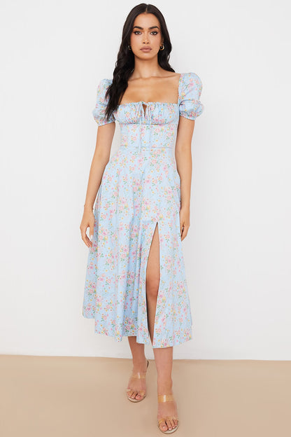 Blue Puff Sleeve Midi Dress