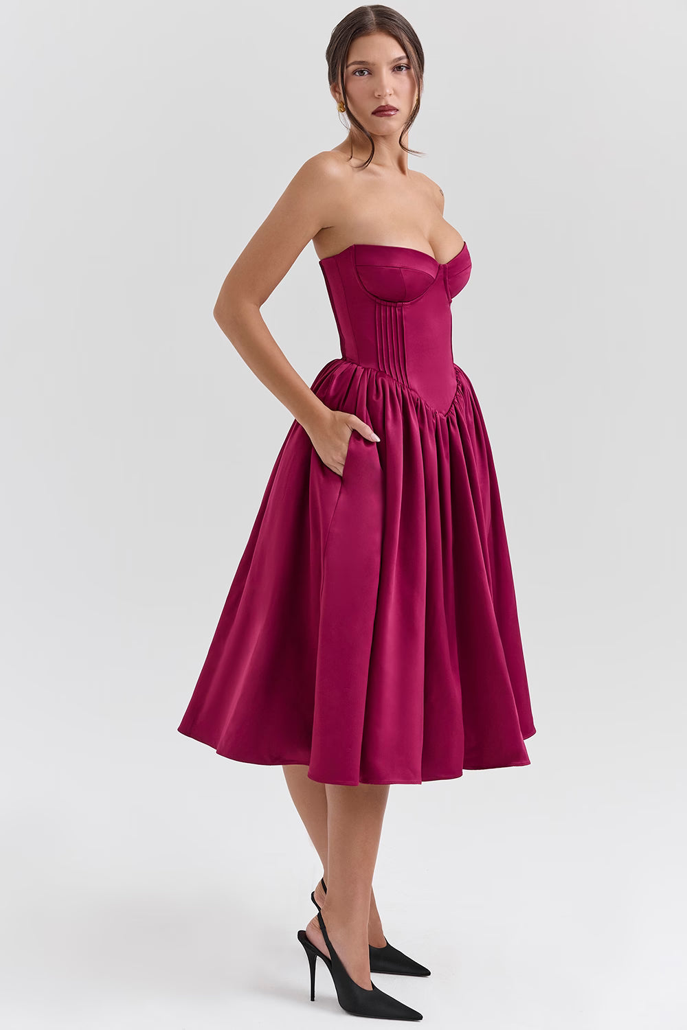 Burgundy Satin Tulle Midi Dress -
