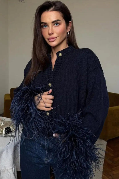 Button Feather Paneled Sweater