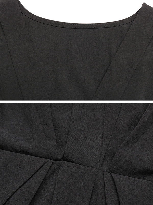 Loose Raglan Sleeve Elasticity Pleated Color Split-joint V-neck Mini Dresses