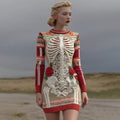 Comstylish Women's Vintage Halloween Skeleton Bones With Rose Art Cozy Knit Mini Sweater Dress