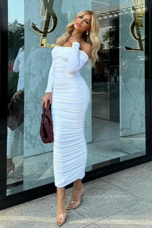 Color Off-shoulder Ruched Long Sleeve Maxi Dress