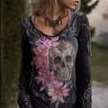 Glitter Skull Flowers Beaded Washed T Shirt elevenforest
