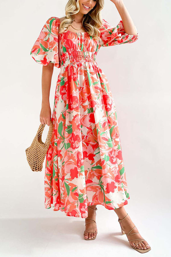 Square Neck Printed Puff Sleeve Long Dress