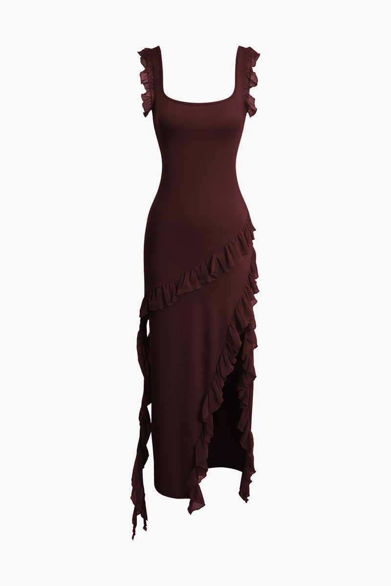Color Ruffle Trim Slit Sleeveless Maxi Dress