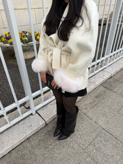 Beige Wool Coat With Fur