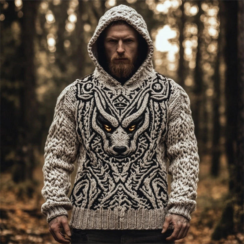 Men's Viking Wolf Celtic Cozy Chunky Hooded Sweater elevenforest