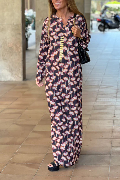 Printed V Neck Long Sleeve Maxi Dress