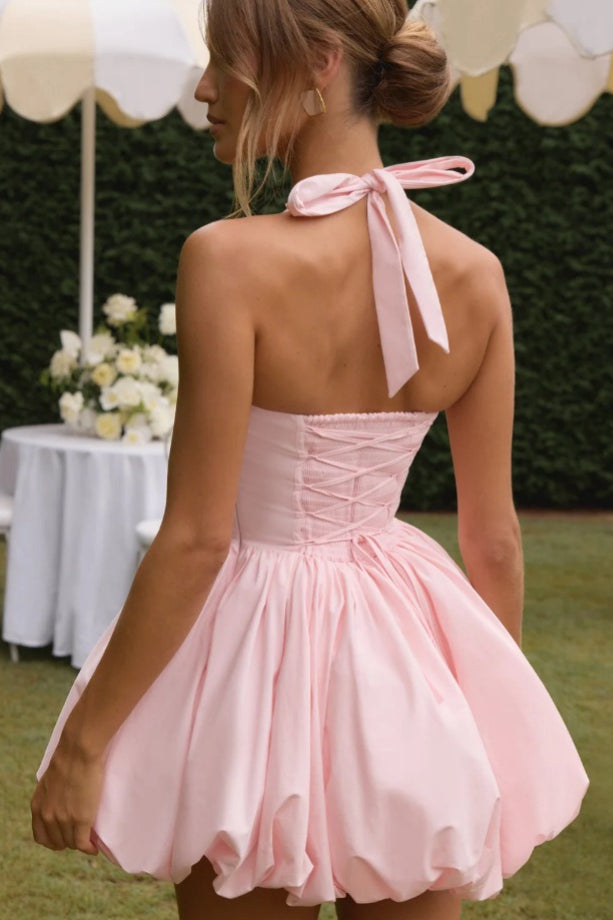 Halter Tie Bow Puffy Hem Mini Dress