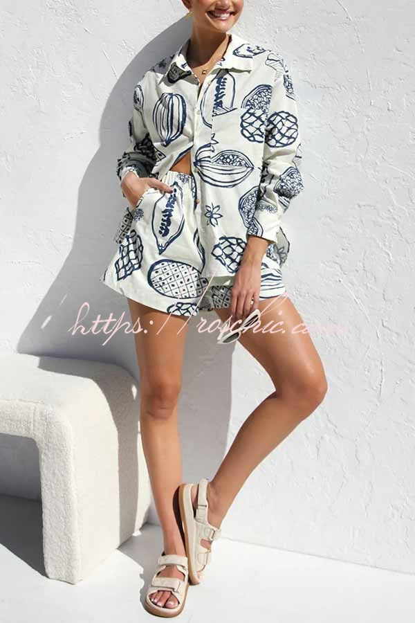 Parkside Tropical Fruit Print Loose Shirt and Elastic Waist Pocketed Shorts Set