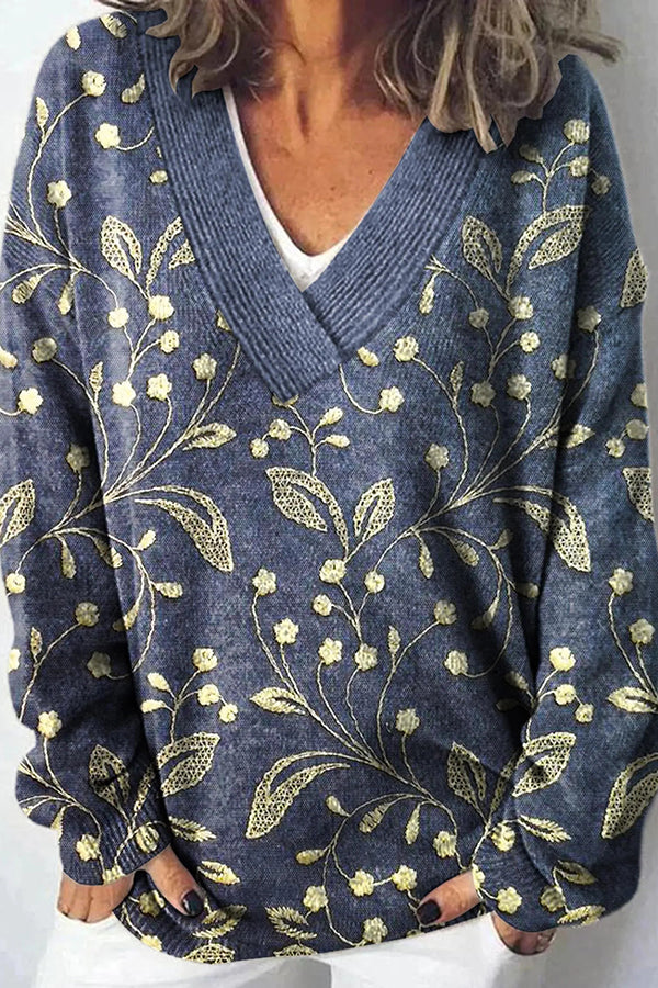 Unique Printed V-neck Long Sleeve Loose Sweater