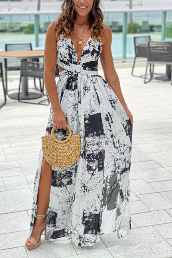 Off White Printed Maxi Dress With Cut Outs