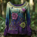 Vintage Gradient Boho Floral Embroidery Women's Round Neck Long Sleeve T-shirt elevenforest