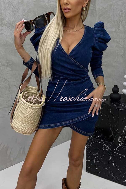 All the Best Denim Puff Sleeve Ruched Stretch Mini Dress