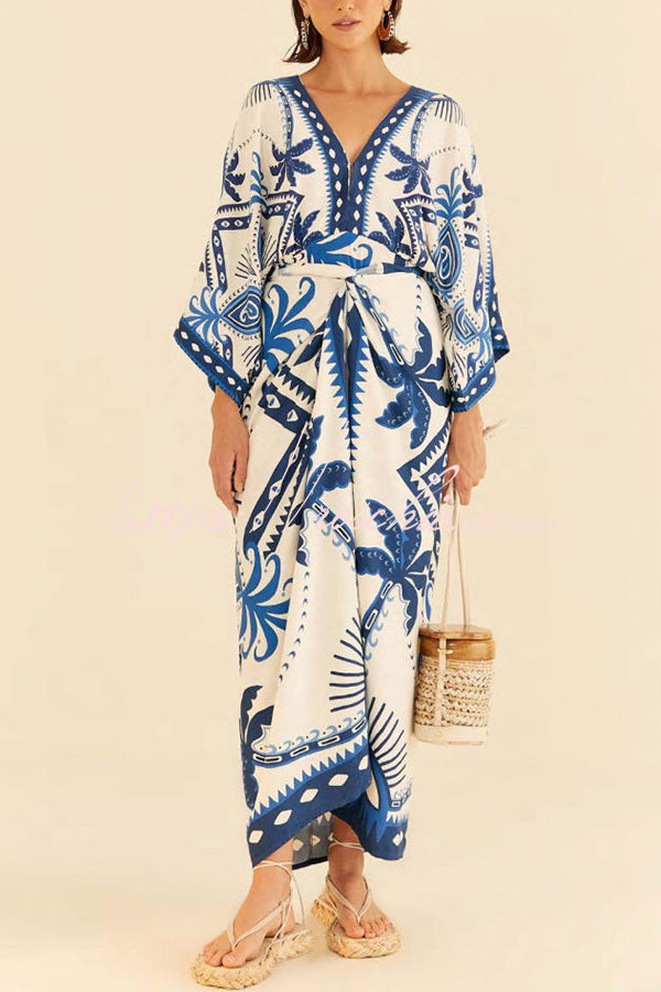 Palm Tree Print Fake Two Piece Lace Up Maxi Dress
