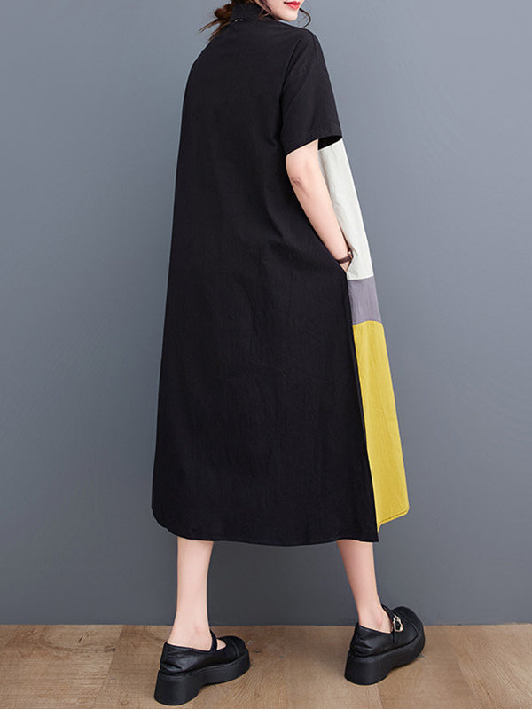 Loose Oversize Color-block Contrast Color Split-joint Lapel Midi Dresses Shirt Dress