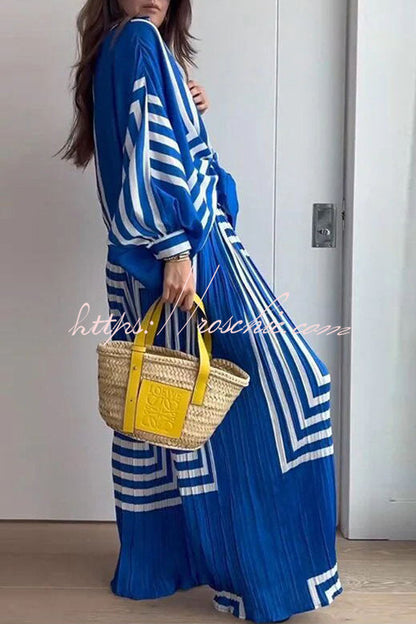 Vacation Attitude Geometric Print Oversized Shirt and Elasticated Wide Leg Pants