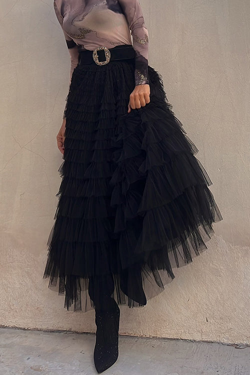 Ruffle Layered Mesh A-line Maxi Skirt