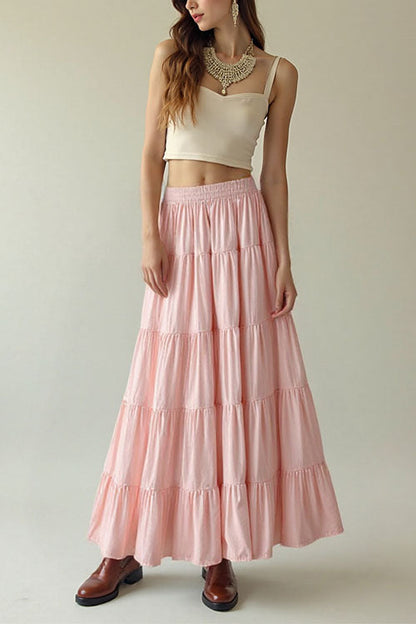 Smocked Elastic Waist Ruffle Tiered Maxi Skirt
