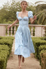 Blue Ivory Puff Sleeve Midi Dress
