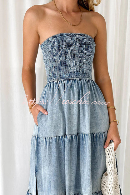 Asmn Off Shoulder Pleated Pocket Paneled Denim Maxi Dress