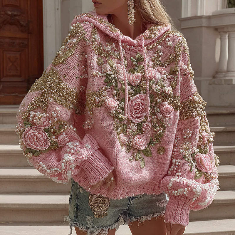 Women's Pink Floral Art Cozy Knit Hooded Sweater elevenforest