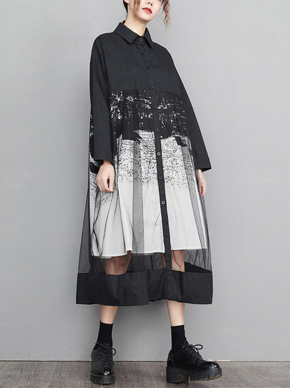 A-line Long Sleeves Buttoned Gauze Printed Split-joint Lapel Midi Dresses