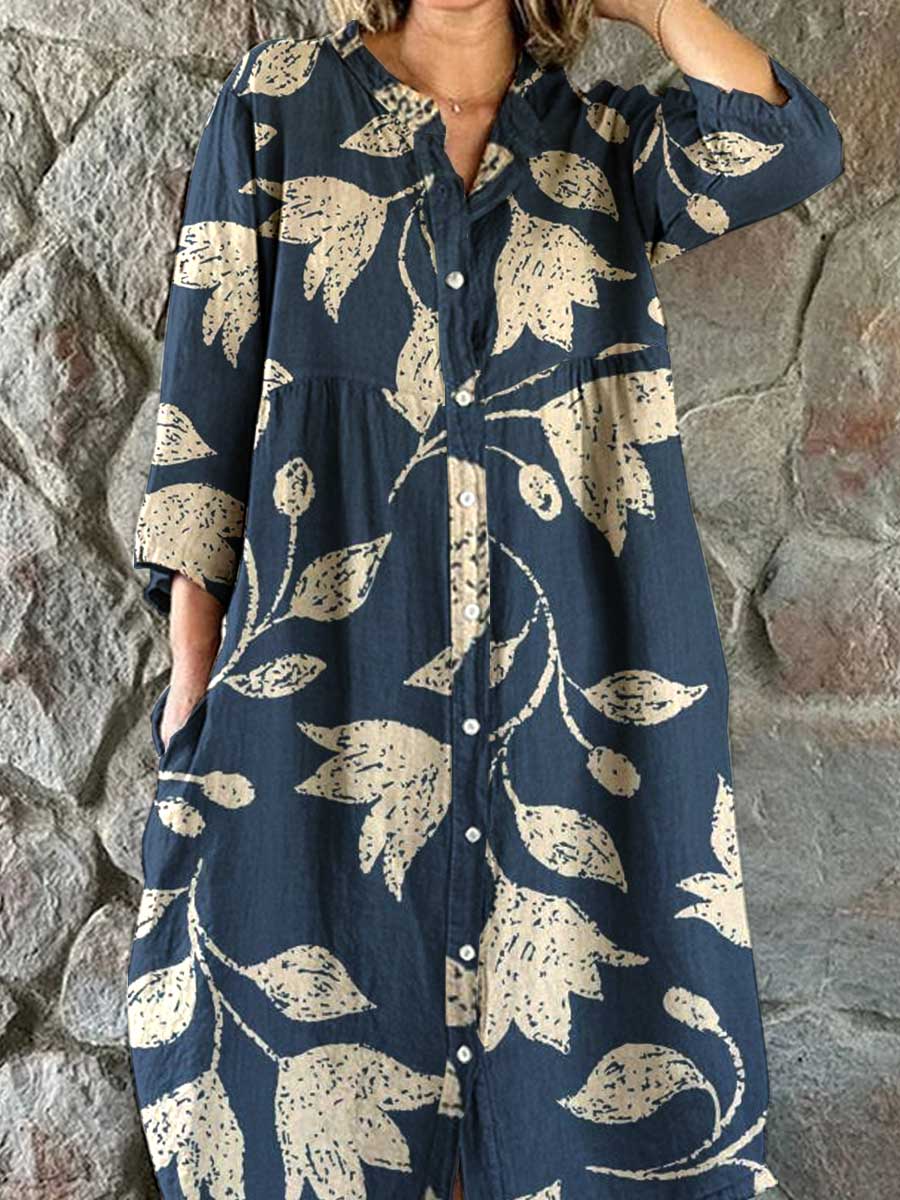 Women's Resort Art Rose Floral Pattern Cotton Shirt Dress