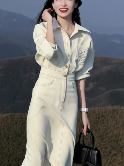 New Spring Summer Midi Dress Short Sleeve Office Lady Vestidos Split Korean Clothing