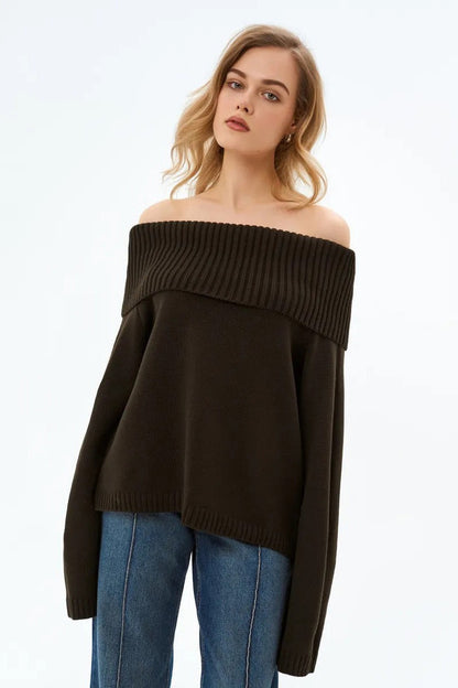 Color Off Shoulder Knitted Sweater