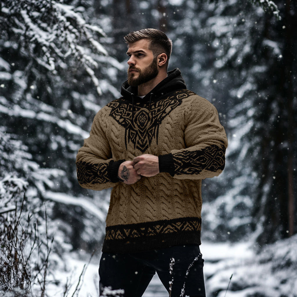 Men's Viking Tribal Jacquard Celtic Inspired Chunky Knit Hooded Sweater artswardrobe