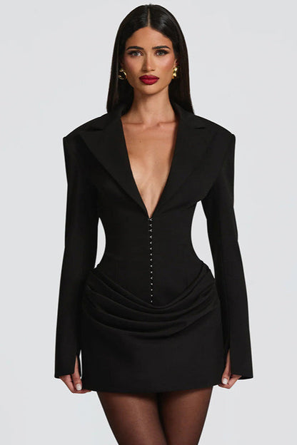 Tailored Deep V Neck Slim Waist Mini Dress