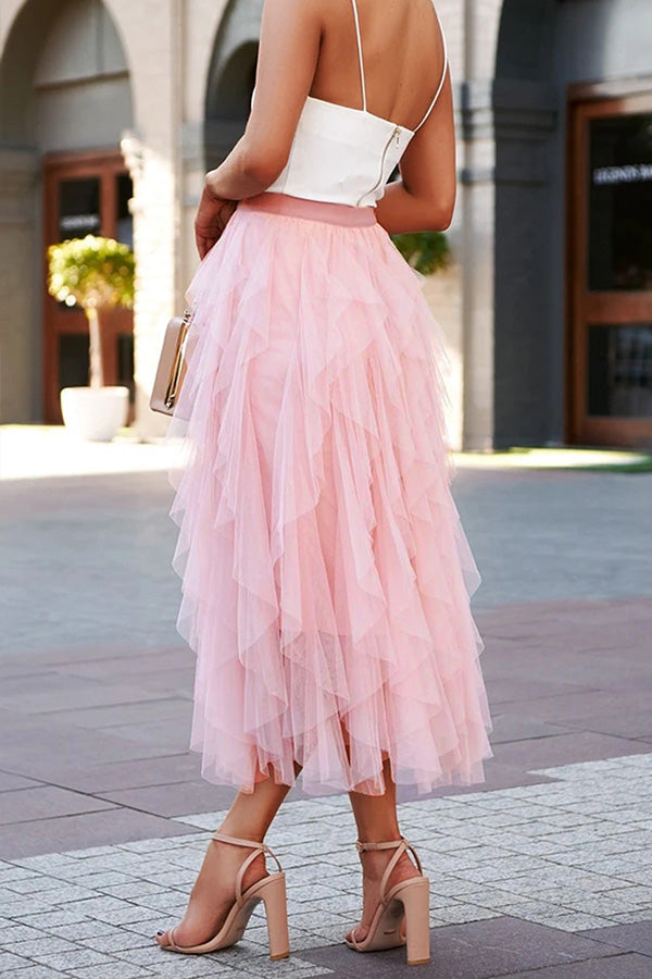 Fashionable Color Puffy Mesh High Waist Slimming Skirt