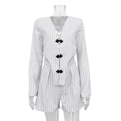 Designer ’s Striped Set Oversized Blazer Two Pieces Set for Pullover Long Sleeve Shirt Tops and Shorts