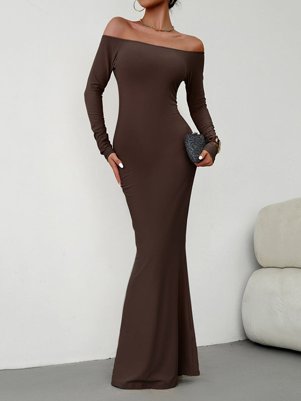 Bodycon Long Sleeves See-through Color Off-the-shoulder Maxi Dresses
