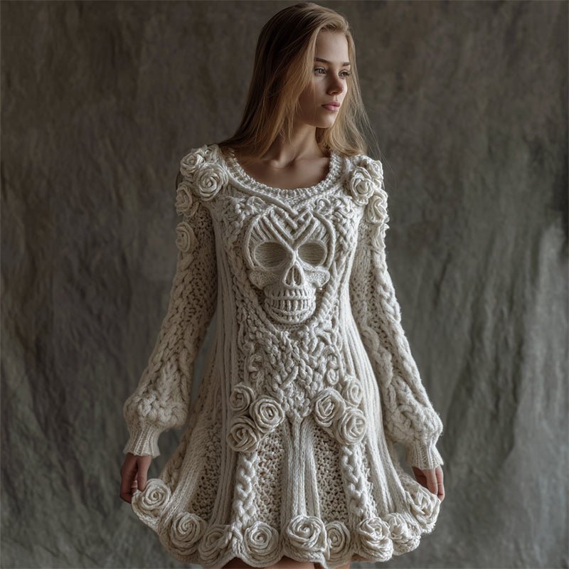 Comstylish Vintage White Roses Celtic Skull Cozy Knit Sweater Dress