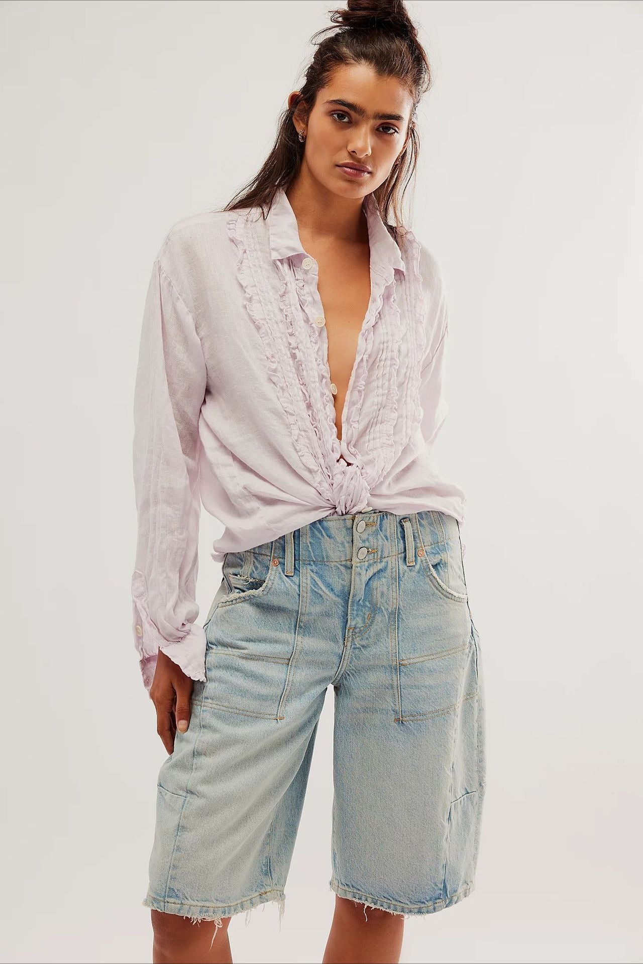 Linen Ruffled Long-sleeve Blouse